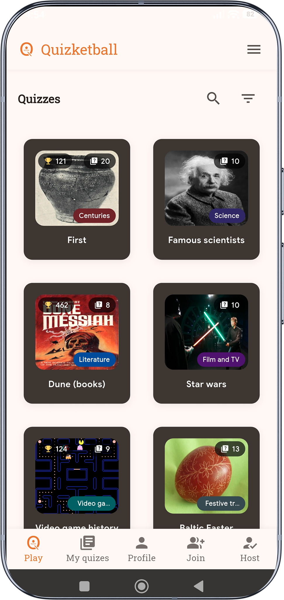 Quizketball app main menu showing play modes and quiz set options