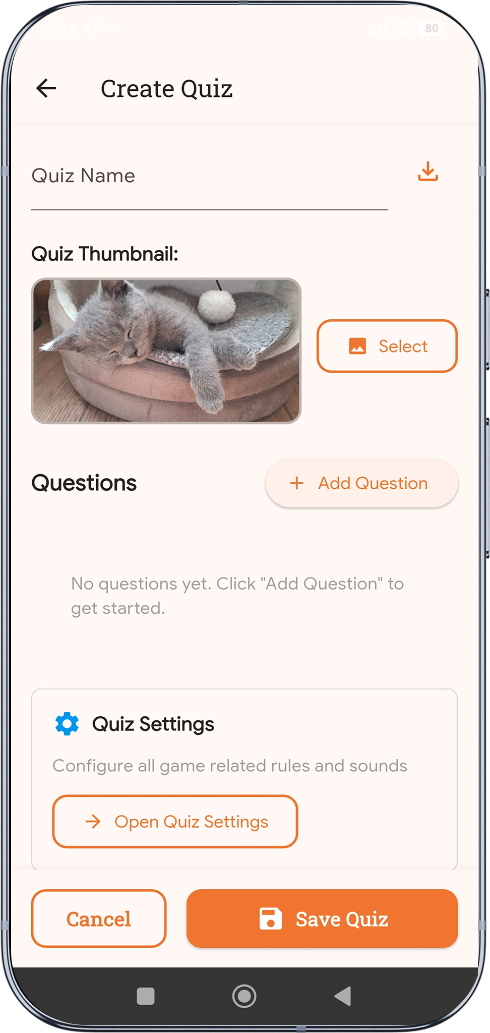 Quiz editor screen for creating and editing quiz questions