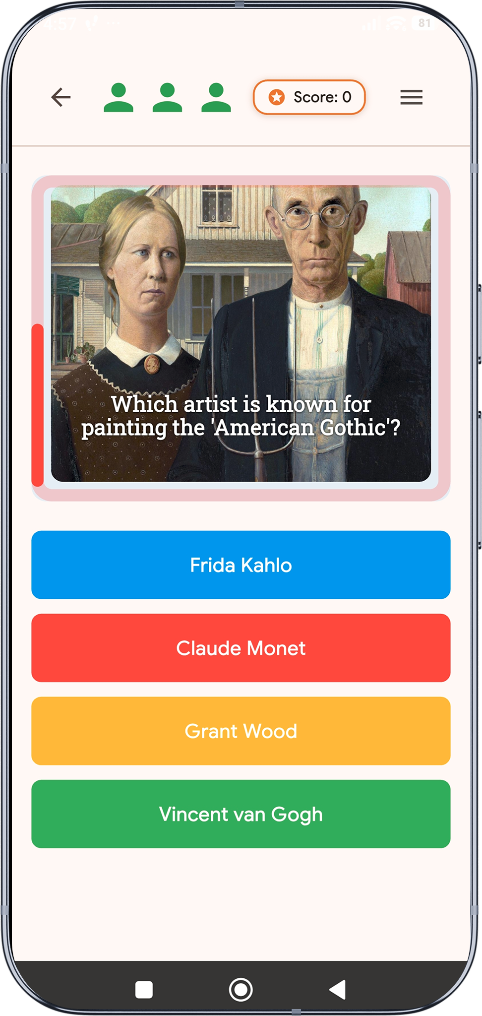 Single player quiz game screen with question and answer choices