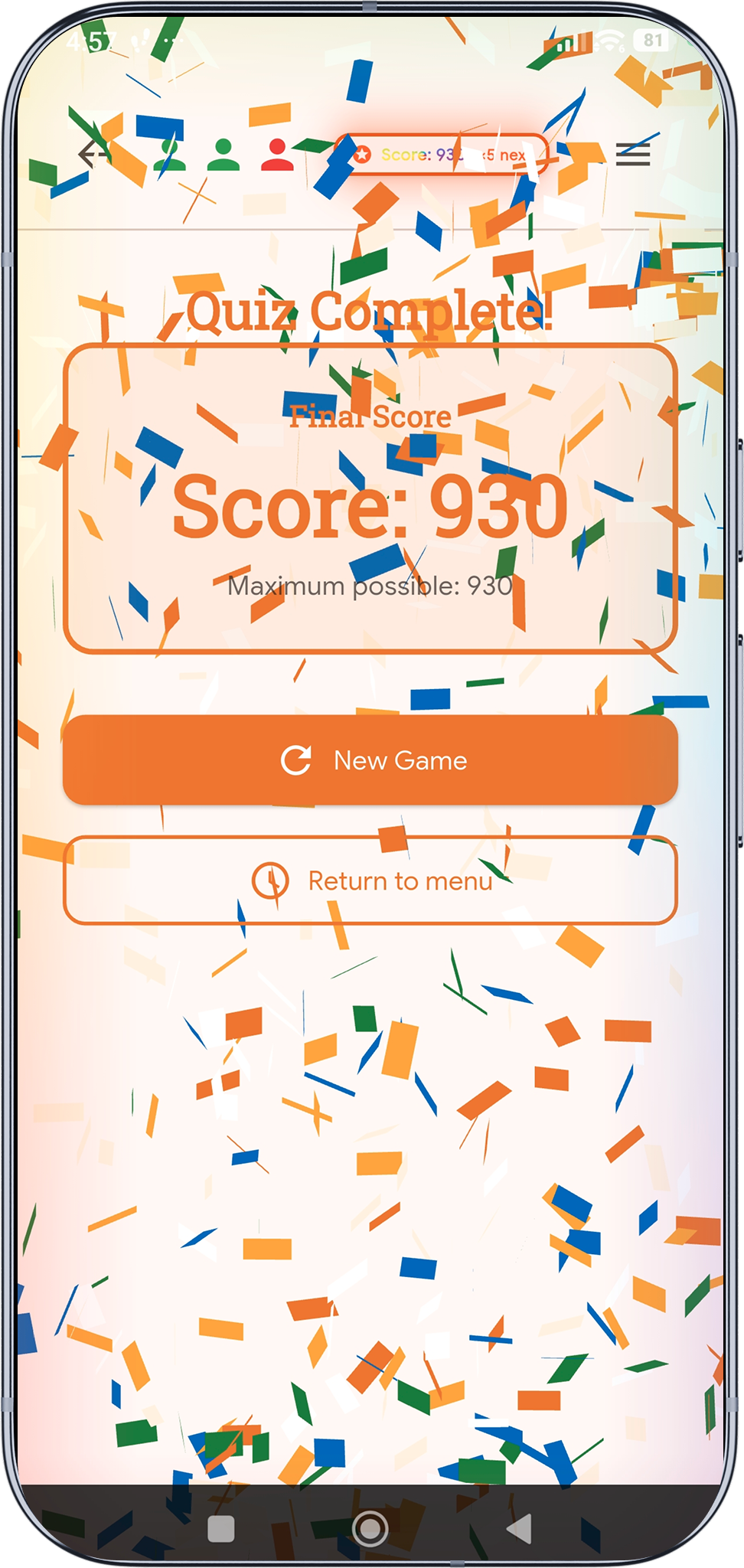 Single player success screen showing score and completion summary